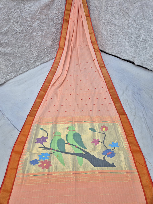 *Yeola cotton paithani*
Pure cotton 
Handloom saree
Patta border 
Running blouse 
Shoulder butta 