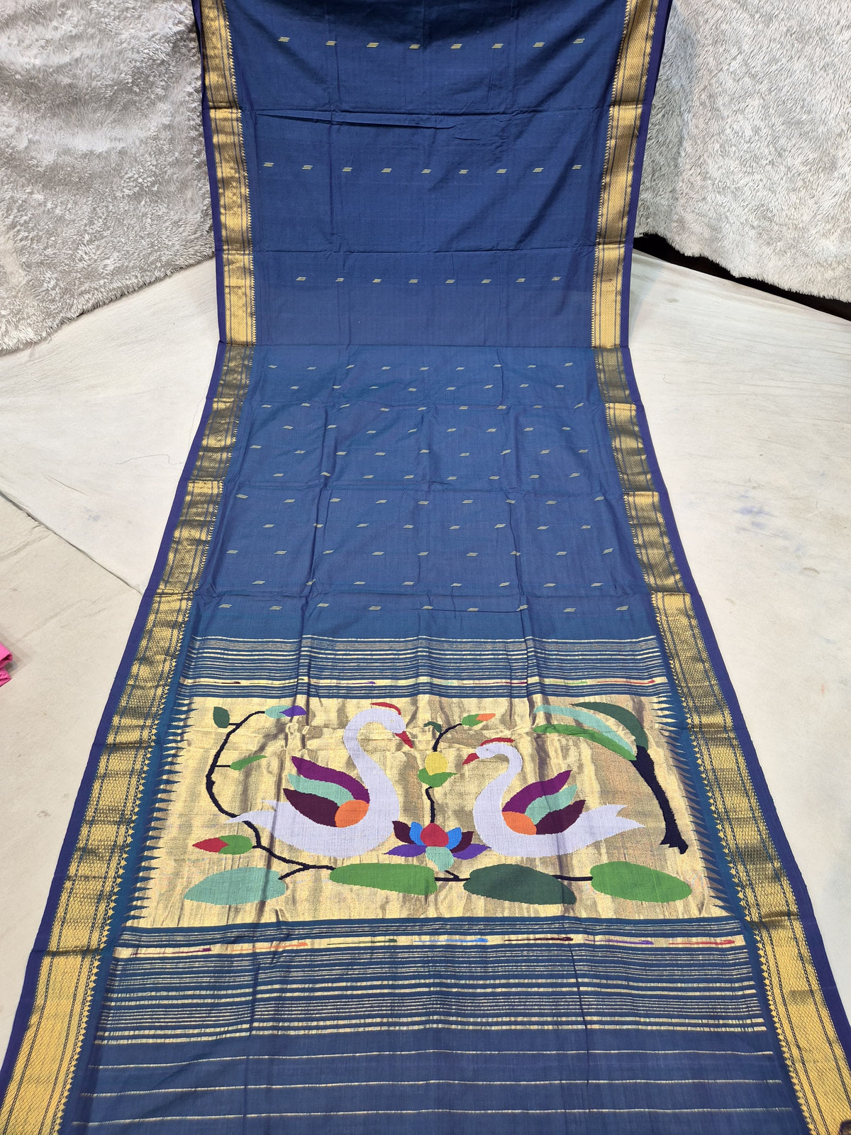 Yeola cotton paithani*
Pure cotton 
Handloom saree
Traditional Narali border 
Running blouse 
Shoulder butta 