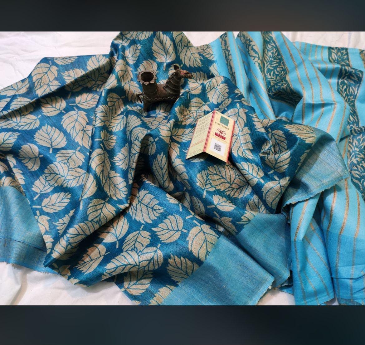 Screen print on gheecha tussar saree with silk mark