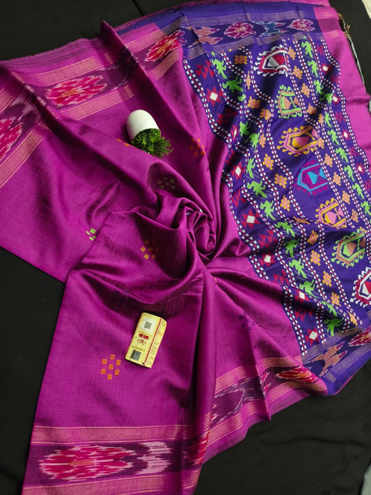 pure raw silk zari ikkat  border body buta design saree dolavedy contrast pallu with contrast blouse saree*
 raw silk saree
silk mark certified
handloom weaved
