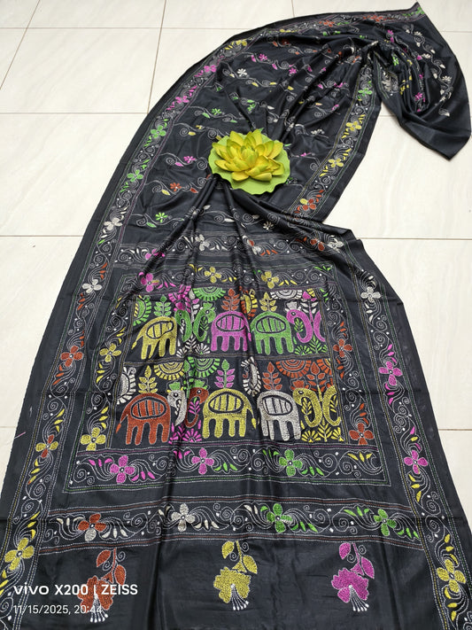 Kajalamma |  Blended silk saree with Kantha Embroidery