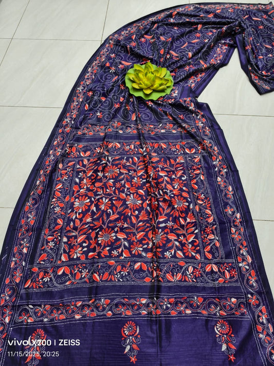 Kairati |  Blended silk saree with Kantha Embroidery