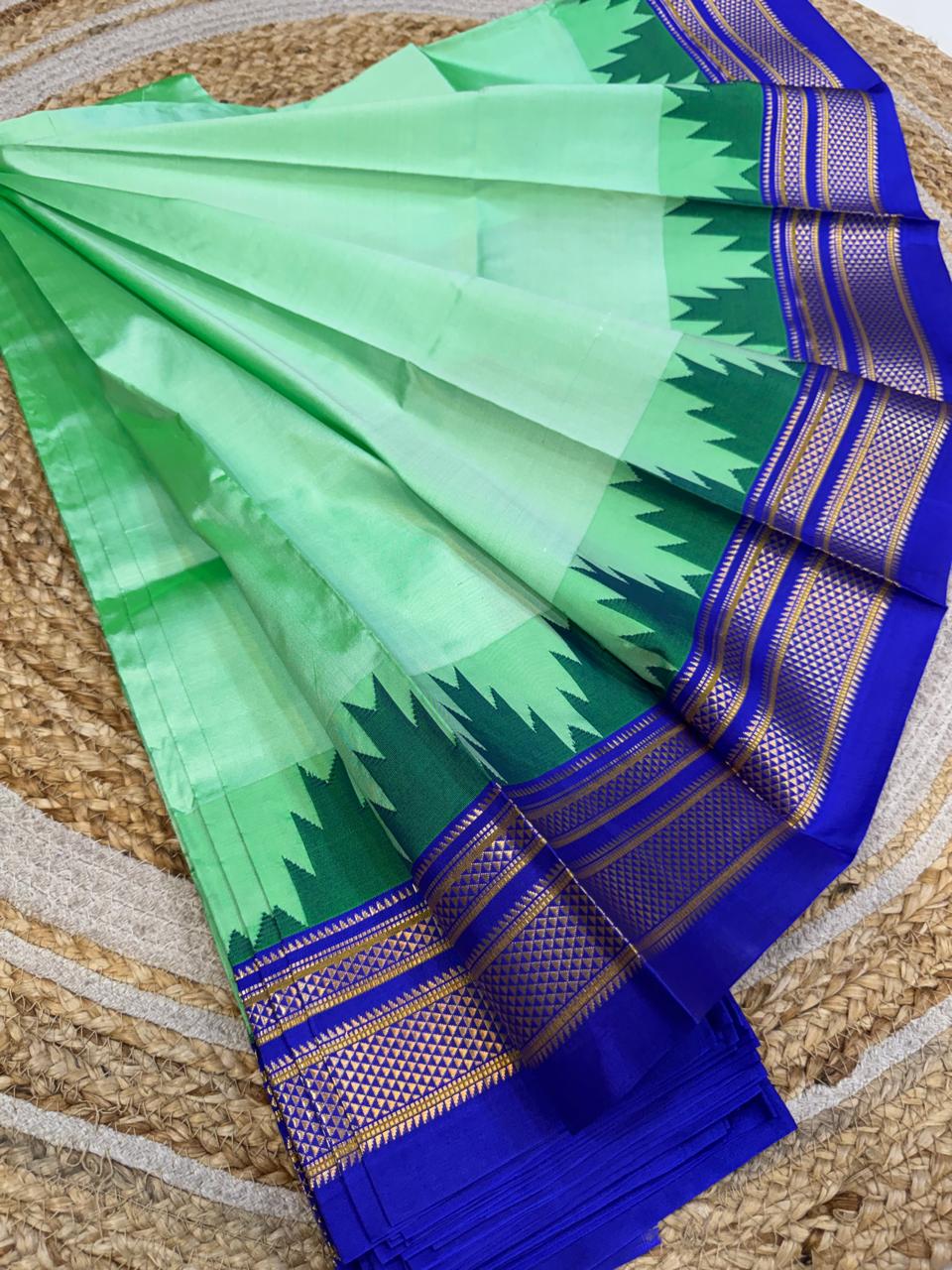 
*Big Temple Border Ilkal*

Exclusive silk ilkal saree 
Pure silk big temple border design superior quality ilkal saree
With contrast blouse 
6.10mtrs length 
Full body pure silk Border, pallu & blouse semi silk 