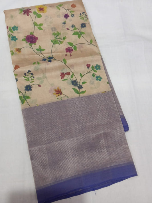 Hand woven mangalagiri (LT) 3D silk cotton screen print sarees without zari border 
Blouse : 80 cm contrast 