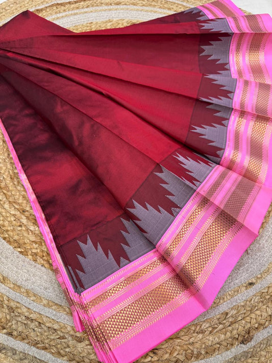 
*Big Temple Border Ilkal*

Exclusive silk ilkal saree 
Pure silk big temple border design superior quality ilkal saree
With contrast blouse 
6.10mtrs length 
Full body pure silk Border, pallu & blouse semi silk 