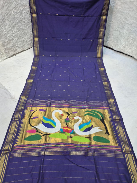 Yeola cotton paithani*
Pure cotton 
Handloom saree
Traditional Narali border 
Running blouse 
Shoulder butta 