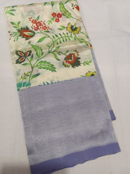 Hand woven mangalagiri (LT) 3D silk cotton screen print sarees without zari border 
Blouse : 80 cm contrast 