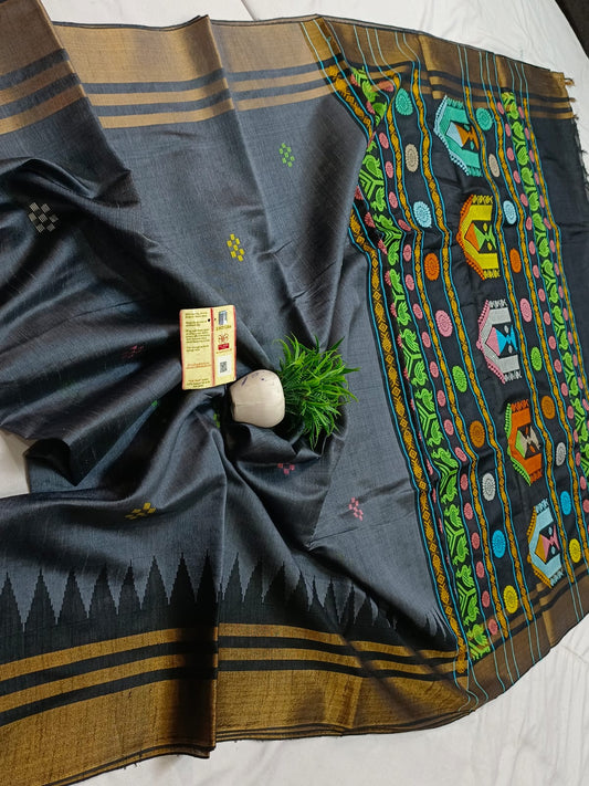 *Pure raw silk handloom temple border dolabedi pallu saree with contrast blouse*