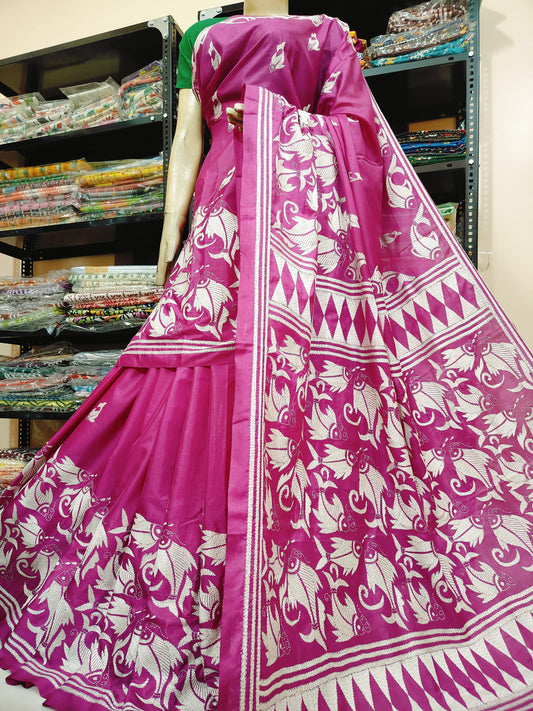 Traditional Shantiniketan hand Kanthastitch saree On 
Belendend bangalore silk Material 
With Kanthastitch Work Bp