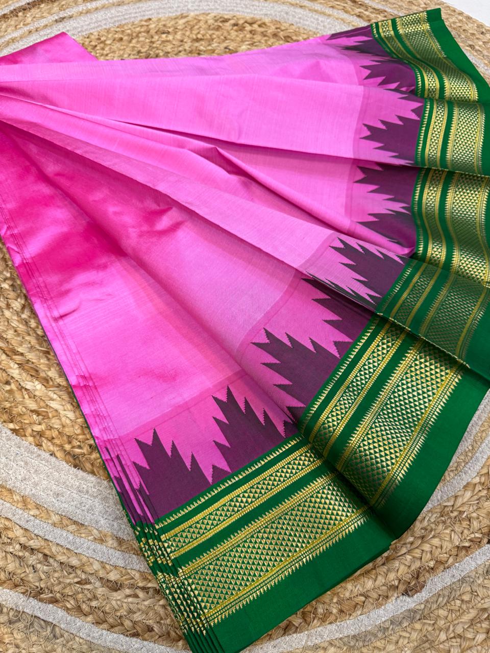 
*Big Temple Border Ilkal*

Exclusive silk ilkal saree 
Pure silk big temple border design superior quality ilkal saree
With contrast blouse 
6.10mtrs length 
Full body pure silk Border, pallu & blouse semi silk 