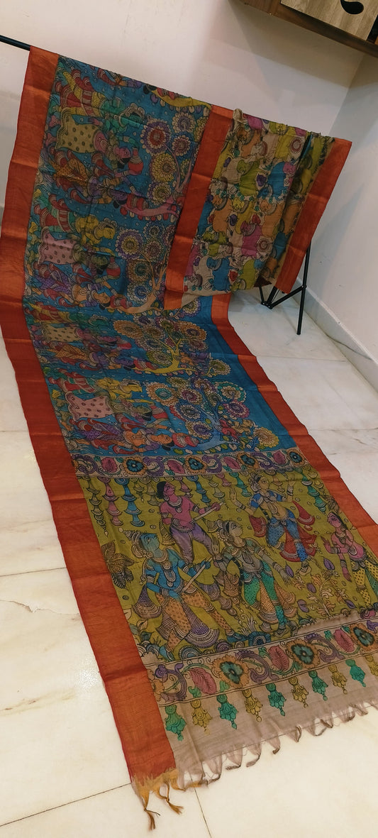 Pen kalamkari on tussar silk
pure desi tussar silk hand painted saree