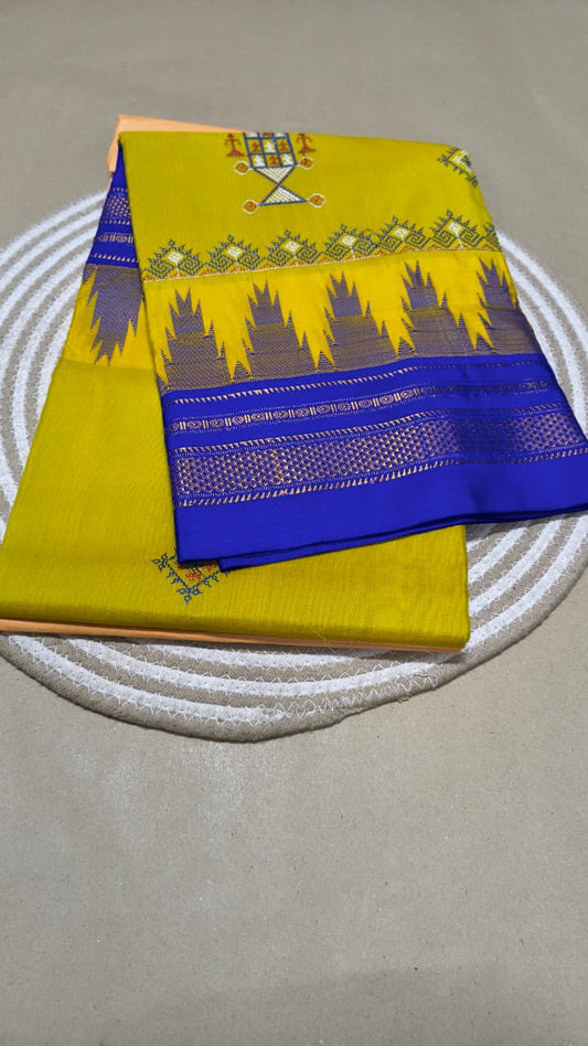 Material - Maserised cotton 
Border - Temple border, Chikki Paras
Saree Name -kasuti saree 
Pallu -Ilkal pallu top
Blouse -contrast
Saree length- 6.20