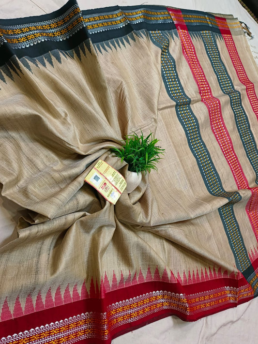 *100% pure tussar handloom vidarbha temple border saree with contrast blouse*
Pure tussar saree
Handloom weaved 
Best quality 