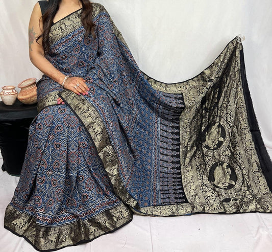 Donutha | Ajrakh Saree on Dola Silk