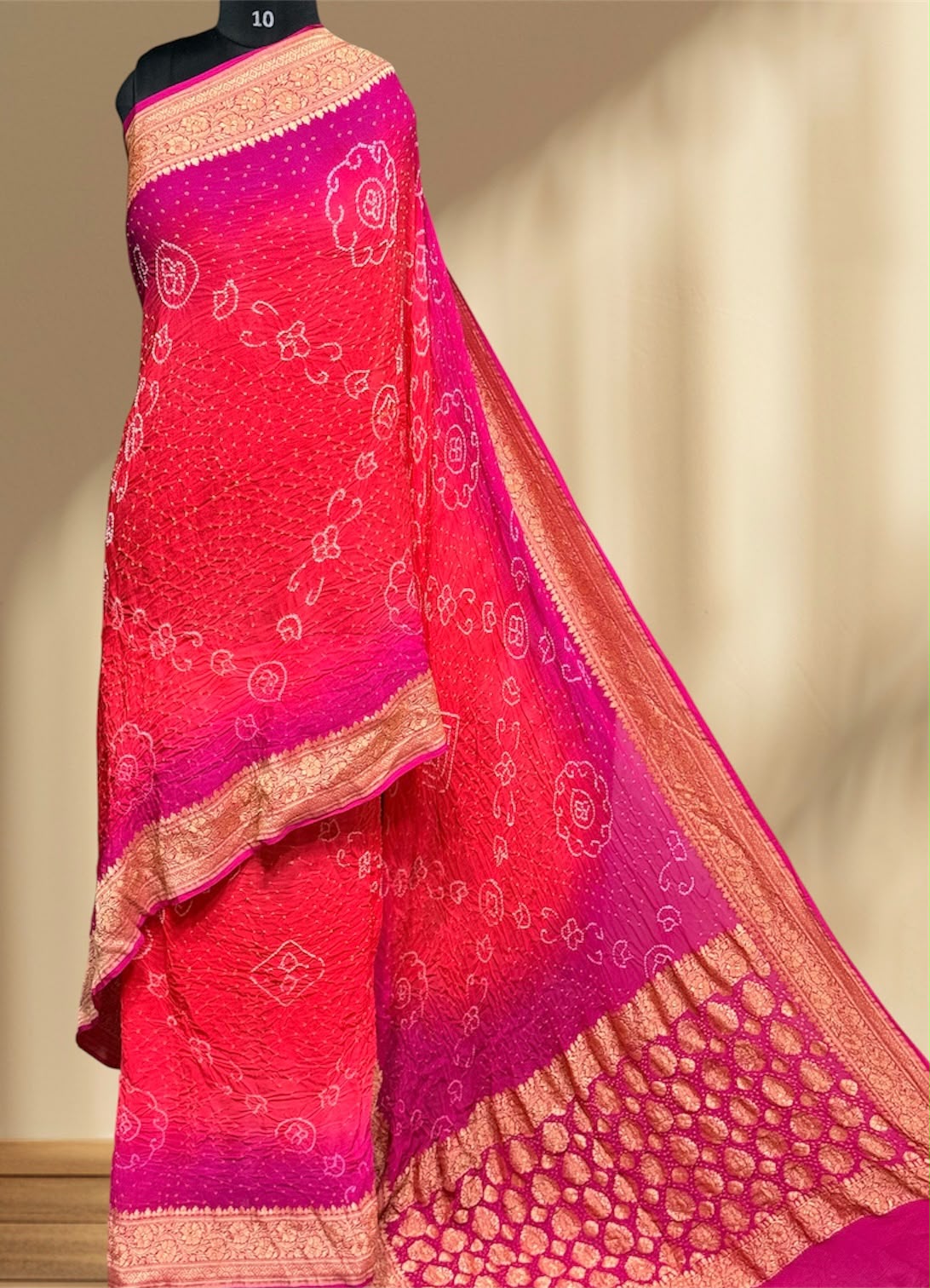 ** Banarasi Rai Bandhej Saree **

**Product Details:**
- **Fabric:** Khadi Georgette
- **Design:** Mix Pattern & Color, Real Nimzari, Beautiful Bandhej
- **Length:** 6.50 meters
- **Width:** 44-46 inches
- **Care:** Dry Clean Only