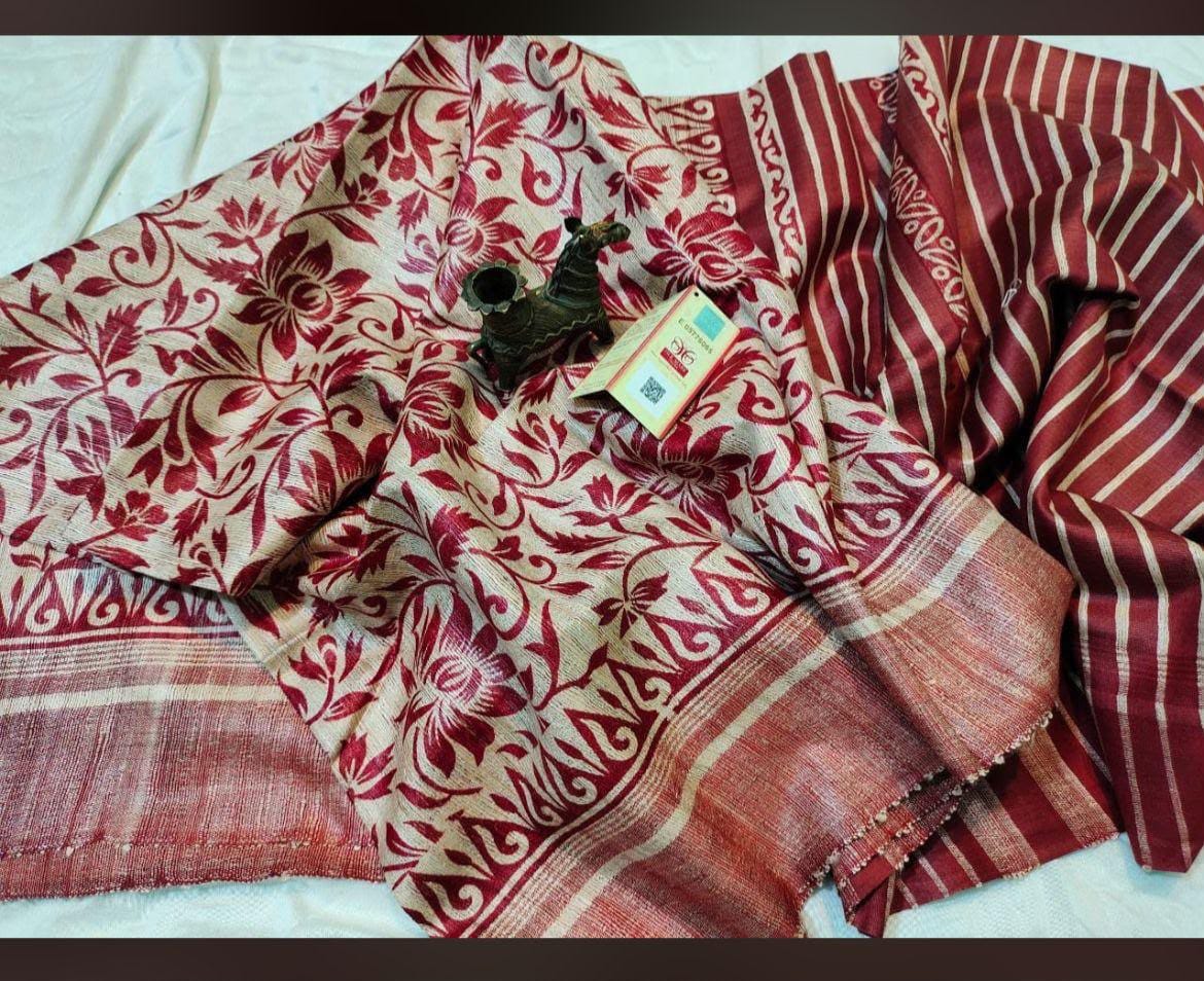 Screen print on gheecha tussar saree with silk mark