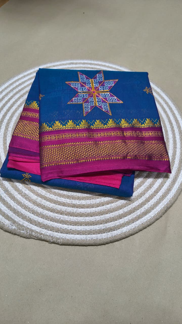 Material - Maserised cotton 
Border - Temple border, Chikki Paras
Saree Name -kasuti saree 
Pallu -Ilkal pallu top
Blouse -contrast
Saree length- 6.20