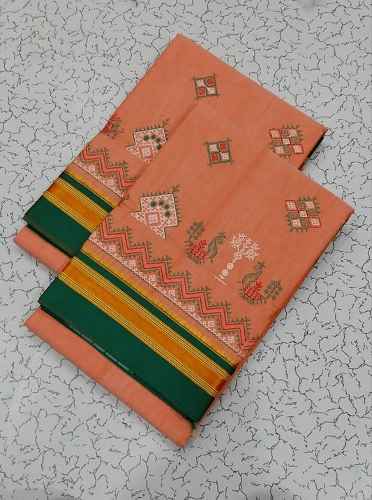 Yukta | Karnataka Kasuti work cotton saree in coral Color