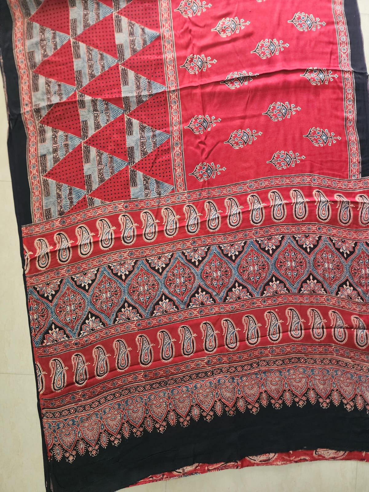 Modal sadi 
Ajrakh hand block print Saree Available....