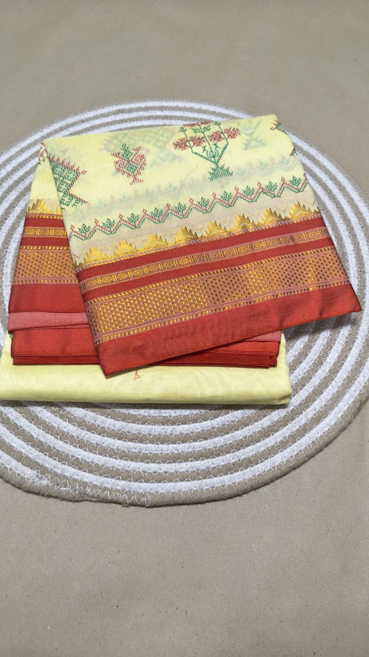 Material - Maserised cotton 
Border - Temple border, Chikki Paras
Saree Name -kasuti saree 
Pallu -Ilkal pallu top
Blouse -contrast
Saree length- 6.20
