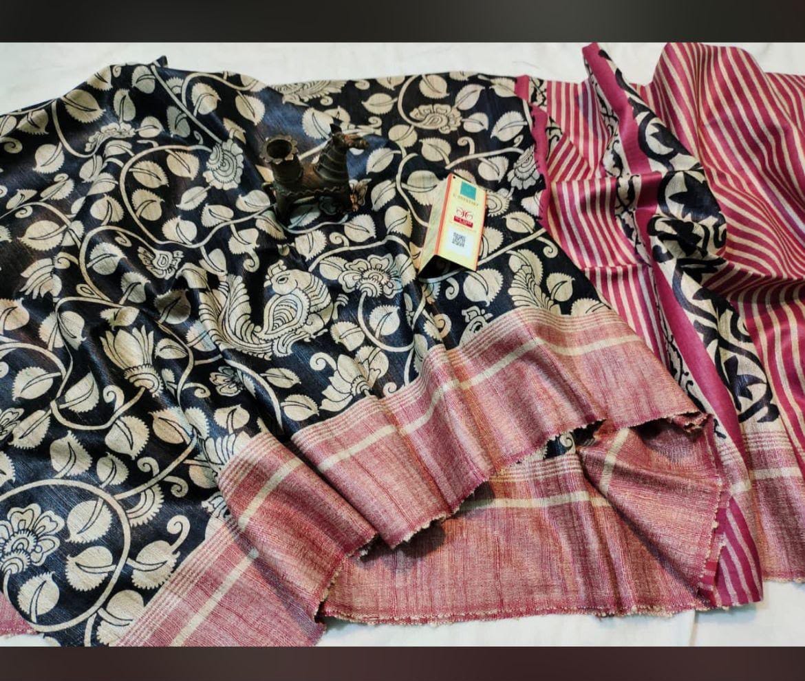 Screen print on gheecha tussar saree with silk mark