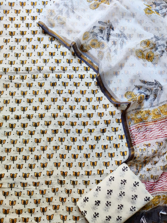 Block printed cotton suit with kota doriya duppta 
Top @ bottom *cotton*
Duptta  *kota doriya*
