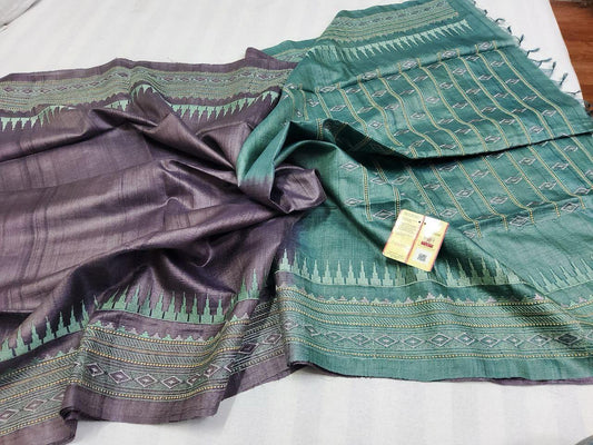 Pure tussar by  munga with beautiful temple embroidery design pallu and border silk handloom saree with blouse pc.
Available 
Best quality 
Silk mark tag 👈🏻