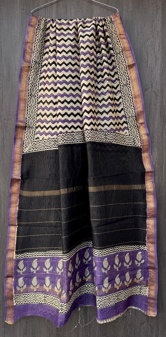 Kaur| Block printed Maheshwari Silk Saree