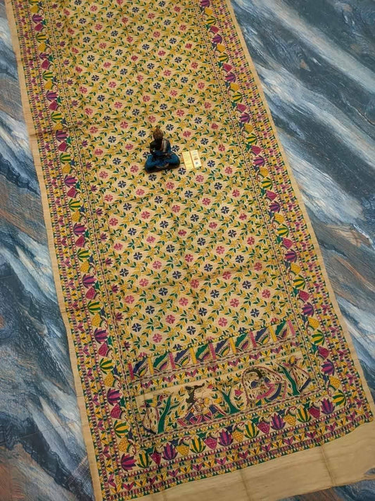 Fabric..Tussar by Ghicha with Beautiful All over Madhubani Hand paintingsilk sarees..
Premium quality and Fast delivery
Length 6.50 meter..Quality will be pure Handloom silk sarees..
