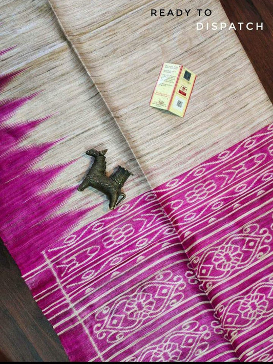 tussar gheecha screen printed saree with silk mark