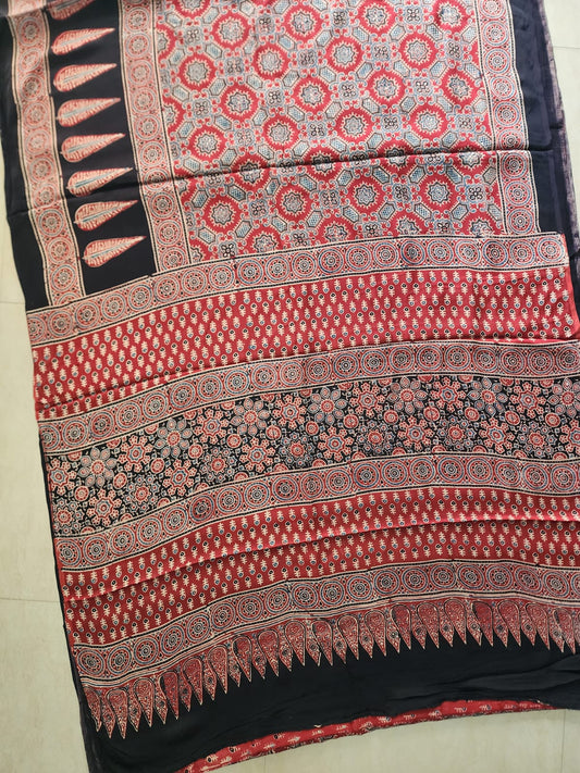 Modal sadi 
Ajrakh hand block print Saree Available....