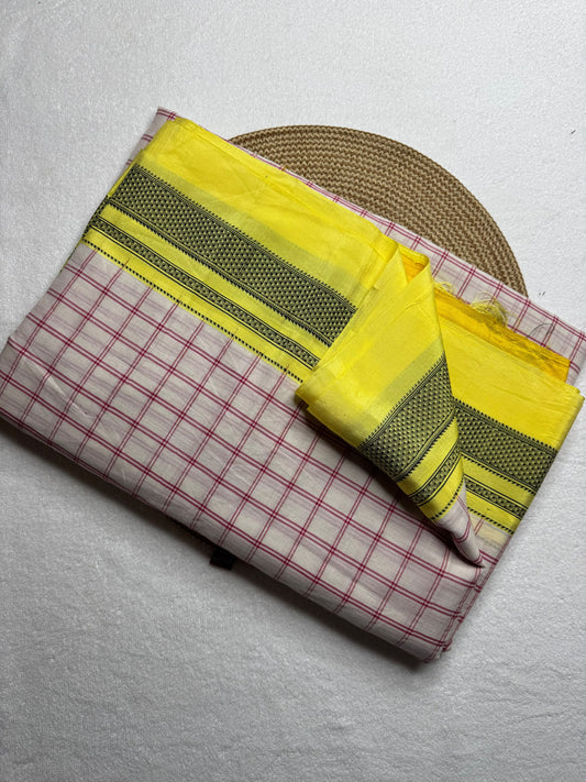 Cotton saree Chikki paras
Material - cotton by cotton 
Border - Chikki  border 
Saree Name - Ilkal cotton Chikki  sarees
Pallu - silk pallu 
Blouse -running
Handloom -yes
Saree length- 6.2
