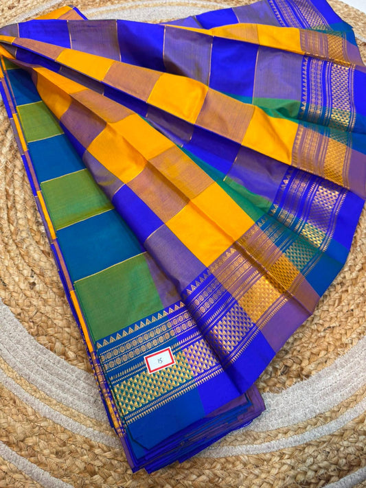 *ILKAL SAREE WITH SILK MARK* 

Exclusive premium quality pure silk Multi colour checks with zari lines design ilkal saree With Fancy Temple design Jari Pallu and contrast blouse 
6.10mtrs length 
Premium quality ilkal saree 
