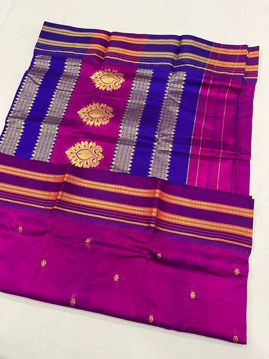 *Narayanpeth silk saree*
Running blouse 
Shoulder butti 
Pure silk
*Price: 6300/- + ship*