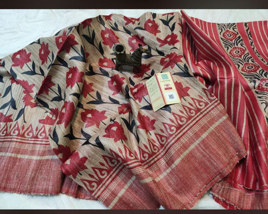 Screen print on gheecha tussar saree with silk mark