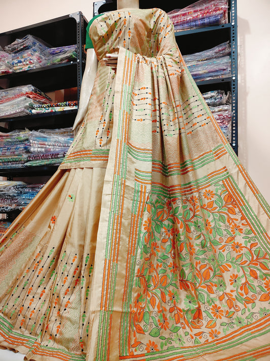 Traditional Shantiniketan hand Kanthastitch saree On 
Belendend bangalore silk Material 
With Kanthastitch Work Bp