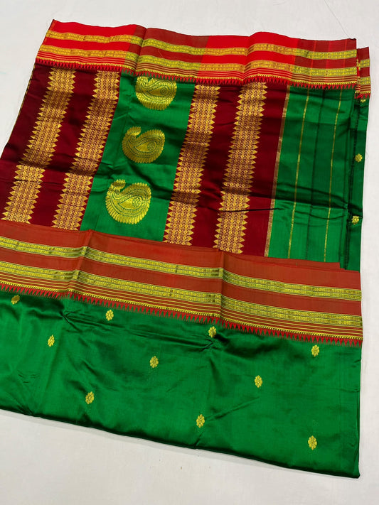 *Narayanpeth silk saree*
Running blouse 
Shoulder butti 
Pure silk
*Price: 6300/- + ship*