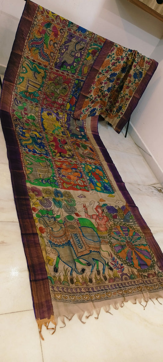 Pen kalamkari on tussar silk
pure desi tussar silk hand painted saree