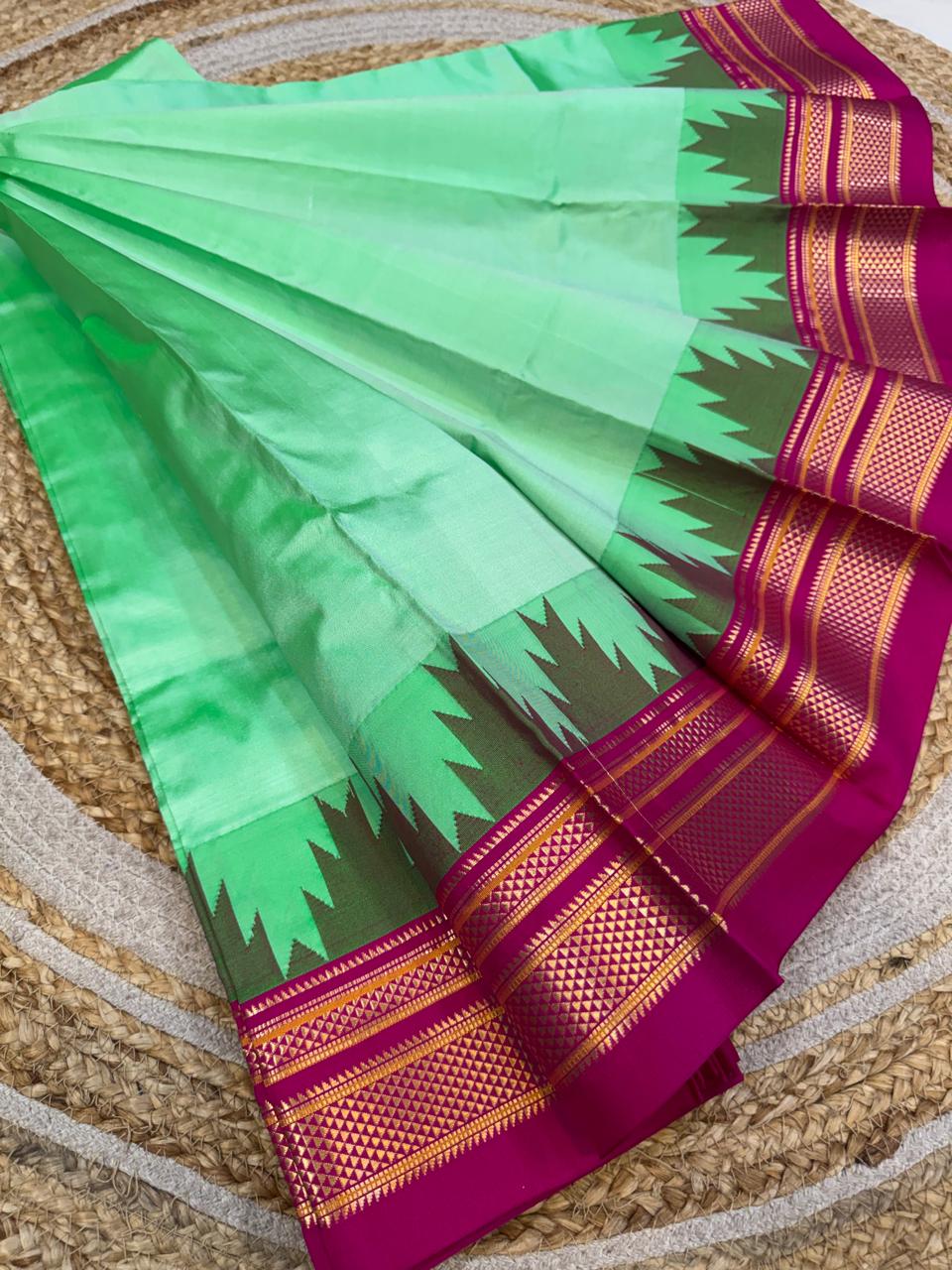 
*Big Temple Border Ilkal*

Exclusive silk ilkal saree 
Pure silk big temple border design superior quality ilkal saree
With contrast blouse 
6.10mtrs length 
Full body pure silk Border, pallu & blouse semi silk 