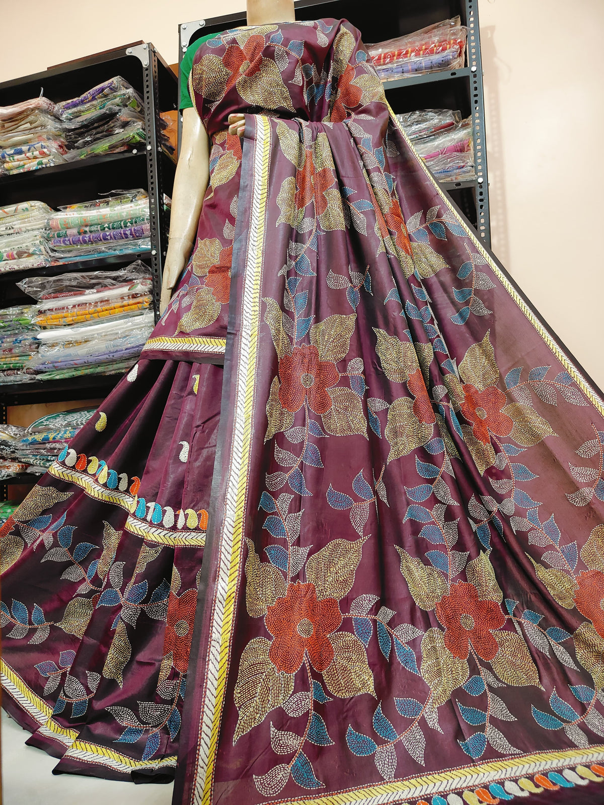 Traditional Shantiniketan hand Kanthastitch saree On 
Belendend bangalore silk Material 
With Kanthastitch Work Bp