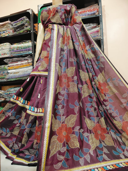 Traditional Shantiniketan hand Kanthastitch saree On 
Belendend bangalore silk Material 
With Kanthastitch Work Bp