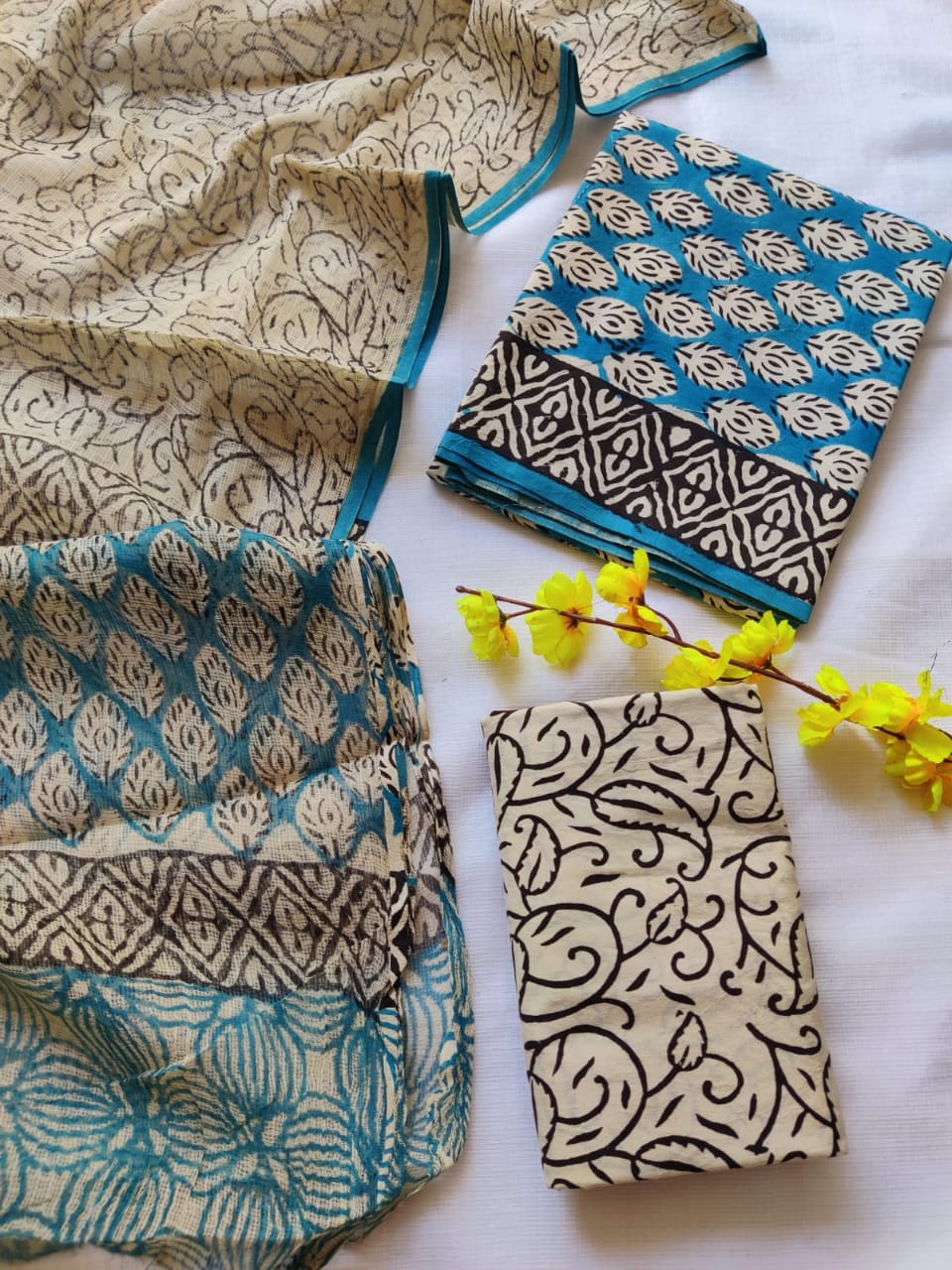 Block printed cotton suit with kota doriya duppta 
Top @ bottom *cotton*
Duptta  *kota doriya*