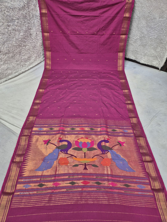 Yeola cotton paithani*
Pure cotton 
Handloom saree
Traditional Narali border 
Running blouse 
Shoulder butta 