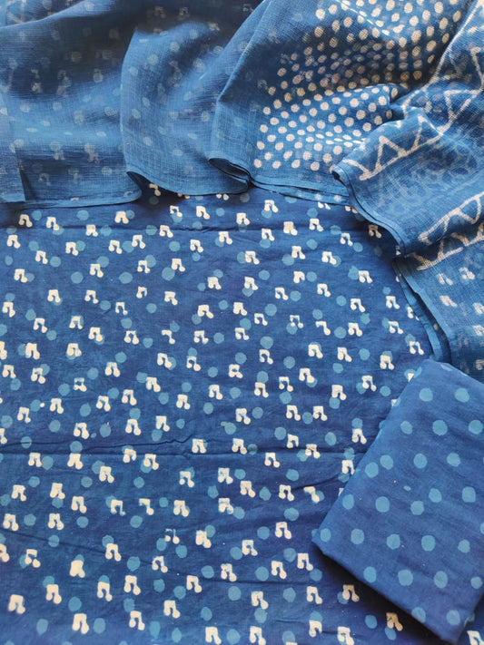 Block printed cotton suit with kota doriya duppta 
Top @ bottom *cotton*
Duptta  *kota doriya*