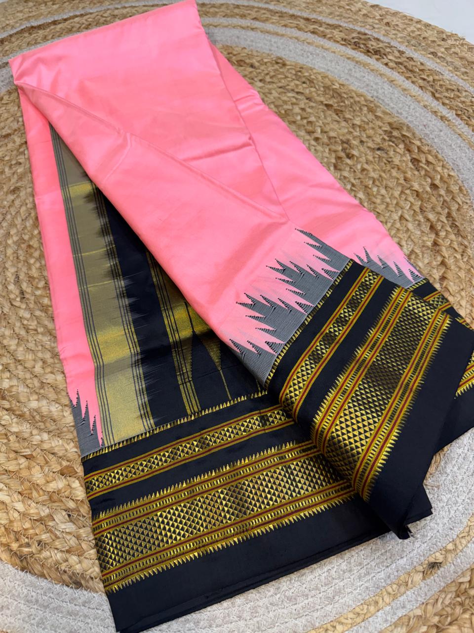 
*Big Temple Border Ilkal*

Exclusive silk ilkal saree 
Pure silk big temple border design superior quality ilkal saree
With contrast blouse 
6.10mtrs length 
Full body pure silk Border, pallu & blouse semi silk 