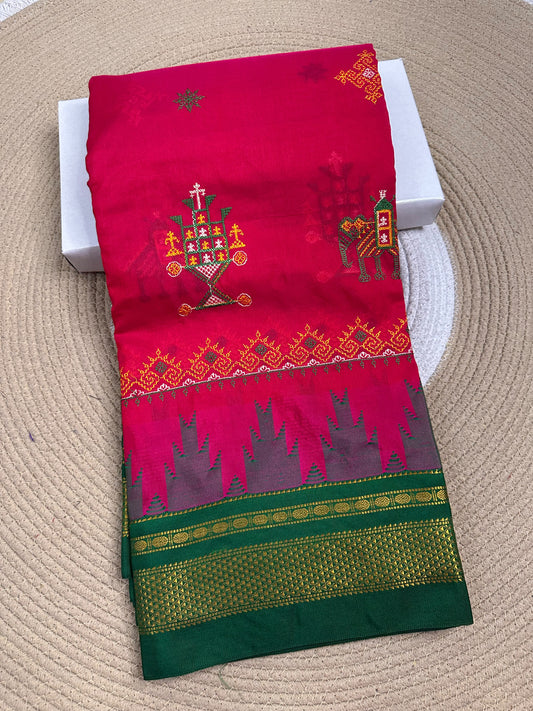 Material - Maserised cotton 
Border - Temple border, Chikki Paras
Saree Name -Tana warpa kasuti saree 
Pallu -Ilkal pallu
Blouse -contrast
Handloom -no
Saree length- 6.2
