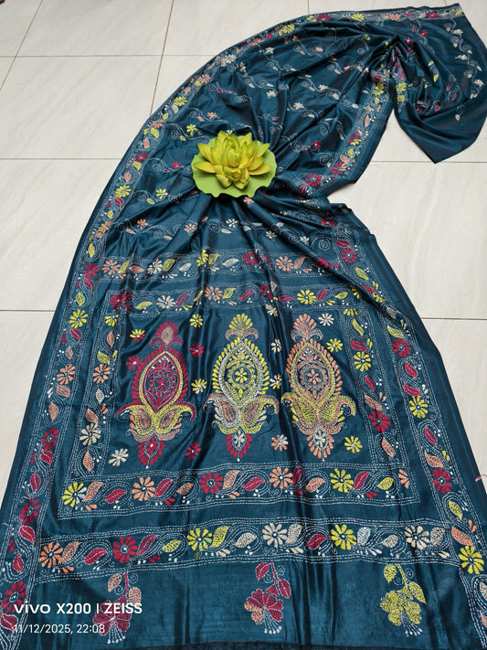 Kalyanilata |  Blended silk saree with Kantha Embroidery