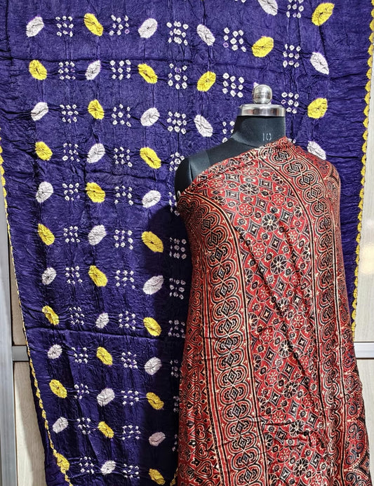 ✨ Pure Modal Silk Ajrakh Shibori saree✨*

*🌸 Premium Natural Dye Ajrakh Hand Block Print with Shibori hand bandhej saree*

*👗 Fabric Details*:

• *saree 6.50 miter . Full cut*..

*⭐ Highlights*

• 100% Premium Quality

• Natural Dye

• Authentic Ajrakh Hand Block Print

• Elegant Shibori Design

• Soft, Comfortable & Rich Finish