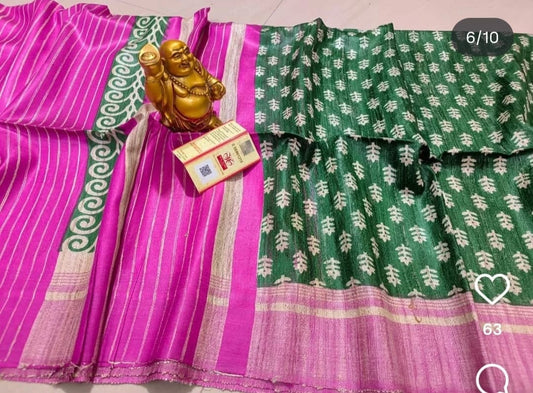 Screen print on gheecha tussar saree with silk mark