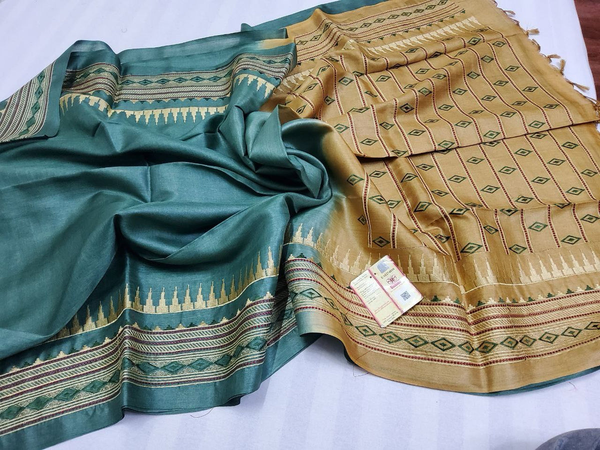 Pure tussar by  munga with beautiful temple embroidery design pallu and border silk handloom saree with blouse pc.
Available 
Best quality 
Silk mark tag 👈🏻